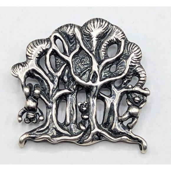 Marty Magic Macklin 1992 Sterling Silver Teddy Bears in Tree Slide Pendant - Picture 1 of 9